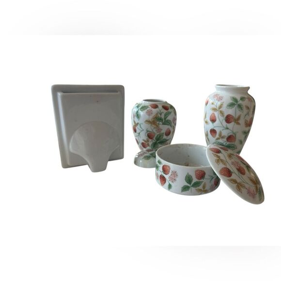 Vintage Strawberry Leaf porcelain 4 pc set jars vase photo frame cottagecore - Picture 5 of 6